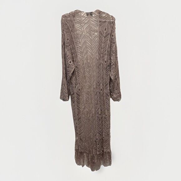 Hayden Los Angeles Boho Open Cardigan Sweater Large Crochet Dusty Pink Fringe - Picture 7 of 8